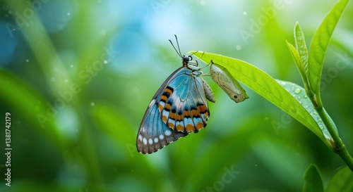 A vibrant butterfly emerges from its chrysalis, resting on a green leaf. The intricate patterns on its wings shine against a blurred natural backdrop, embodying transformation and beauty.