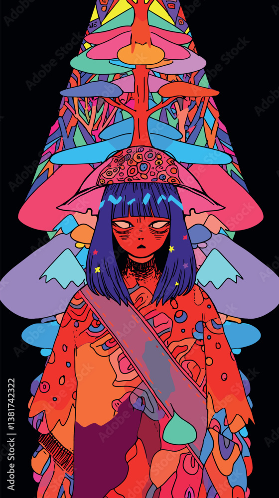 Fototapeta premium Colorful abstract art of female with fish and hat in psychedelic style