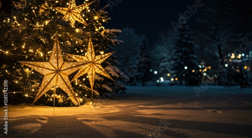 A tranquil winter scene features a Christmas tree adorned with glowing gold stars, surrounded by a snowy landscape and twinkling lights, evoking holiday magic.