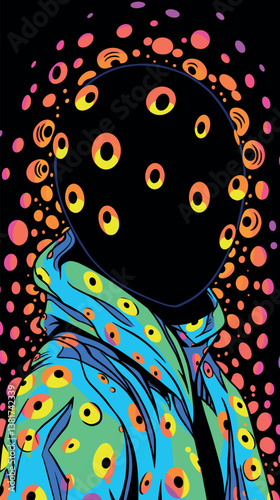 Colorful abstract portrait with circles and patterns on black background