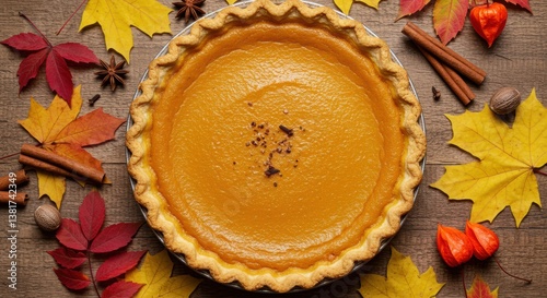A delicious pumpkin pie sits surrounded by vibrant autumn leaves and spices, creating a cozy fall atmosphere. Perfect for Thanksgiving celebrations or seasonal culinary themes.