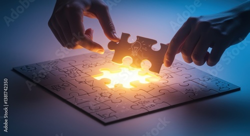 Hands fitting a wooden puzzle piece into a glowing space. The puzzle features intricate designs, symbolizing creativity and collaboration in problem-solving and innovation.