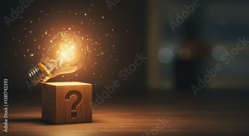 A glowing light bulb hovers above a wooden block with a question mark, creating a warm, magical ambiance that symbolizes creativity, inspiration, and problem-solving.