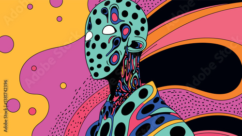 Abstract art with vibrant colors and patterns on masked figure