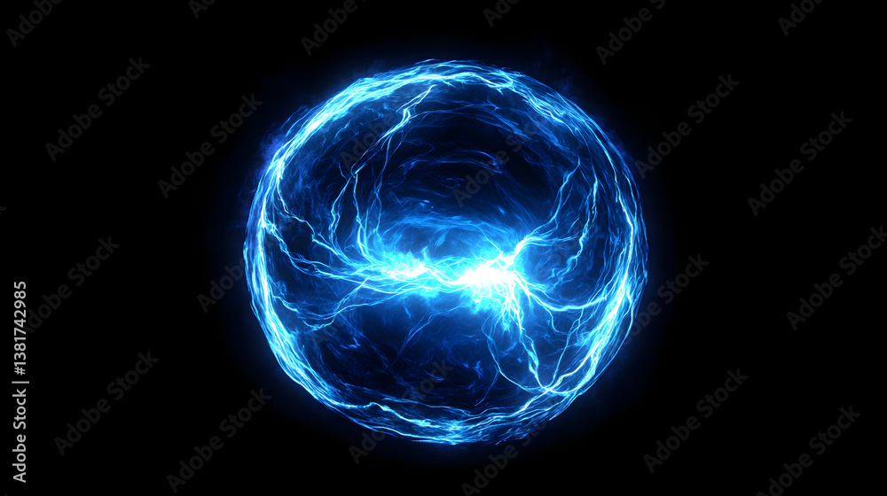 An electric-blue plasma ball emitting glowing arcs of energy in a dark room. An electric-blue plasma ball emitting glowing arcs of energy in a dark room.