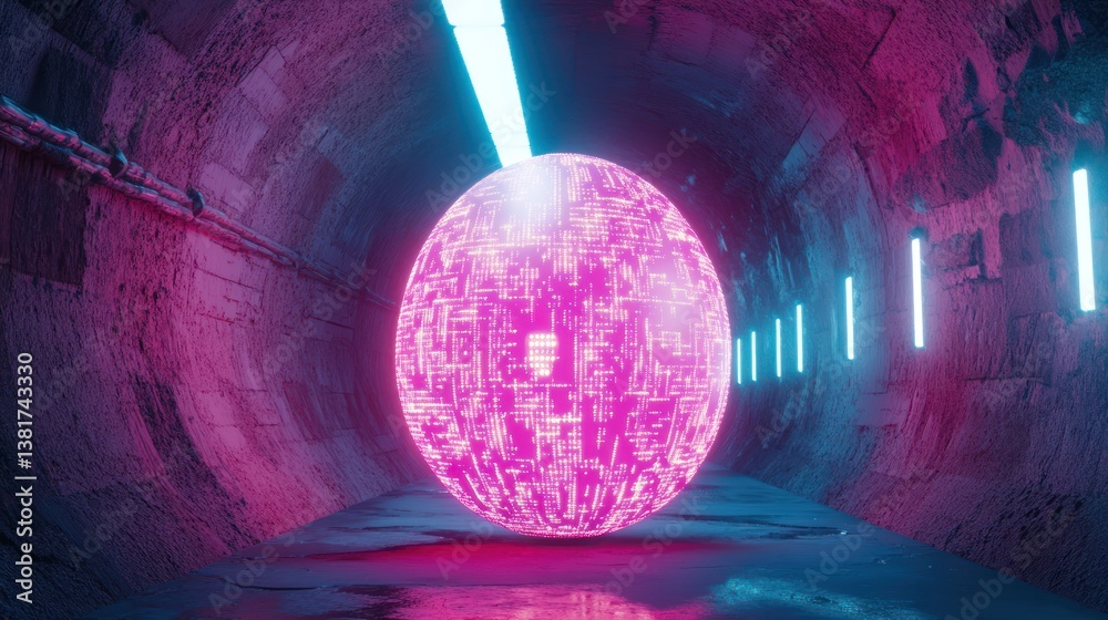 Cyberpunk Enigmatic Orb in Neon Lit Tunnel with Techno Circuitry Design