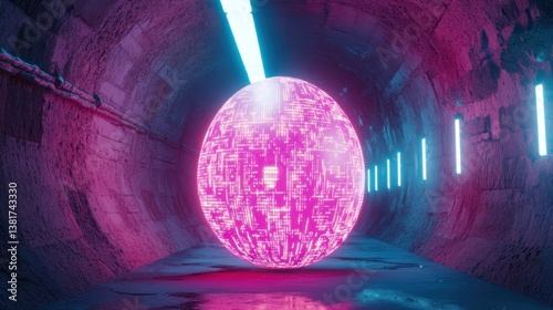 Obraz na płótnie Cyberpunk Enigmatic Orb in Neon Lit Tunnel with Techno Circuitry Design w salonie