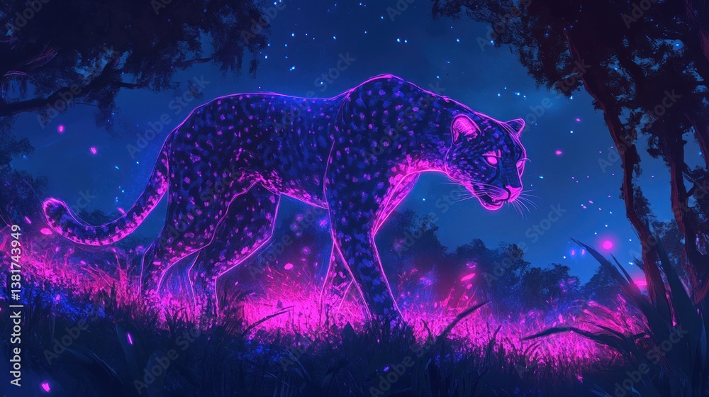 Vivid Neon Cheetah in Enchanted Glowing Forest - A Digital Art Illustration