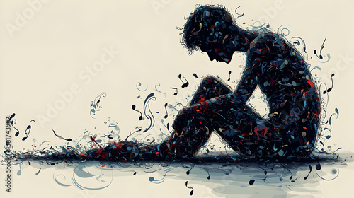 Silhouette of a person sitting filled with music notes with notes swirling around them Isolation emotions art crea
