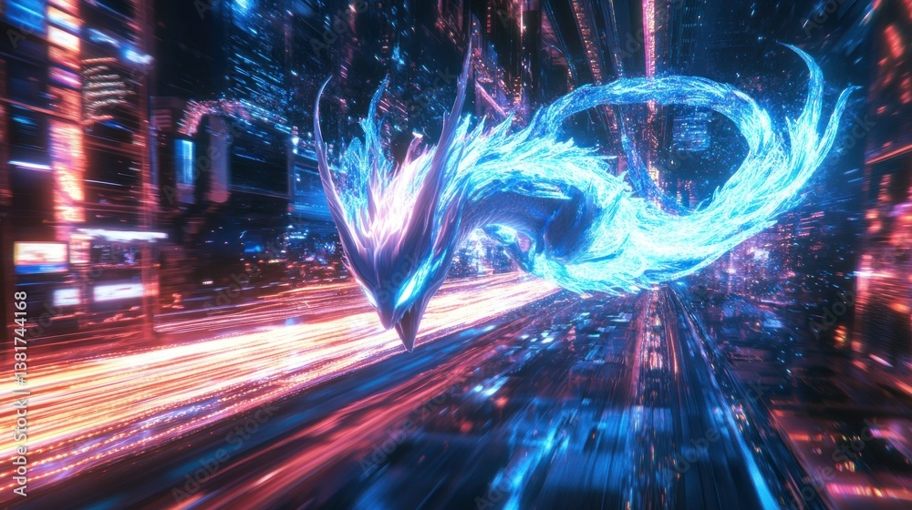 Majestic neon dragon soaring through a vibrant futuristic cityscape spectacle