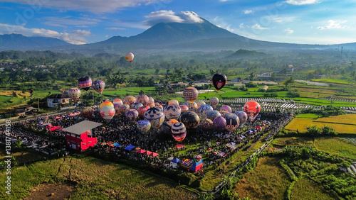 Colorful Hot Air Balloon Festival with a Stunning Mountain View. Ballon festival of Wonosobo, Central Java Indonesia. 