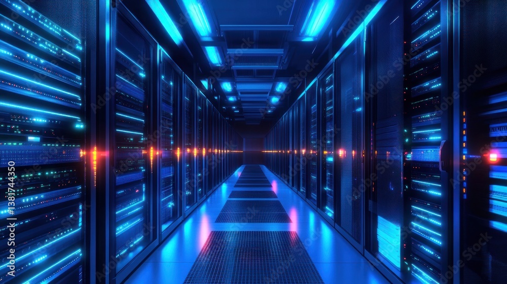 Illuminated data center hallway with rows of server racks and network infrastructure