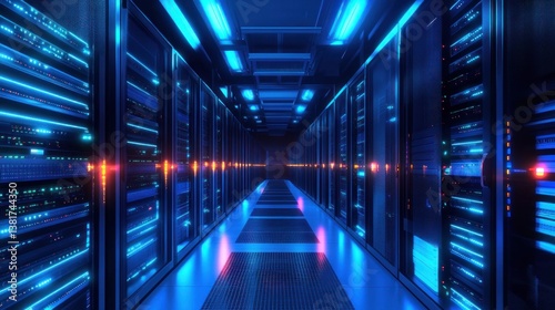 Illuminated data center hallway with rows of server racks and network infrastructure