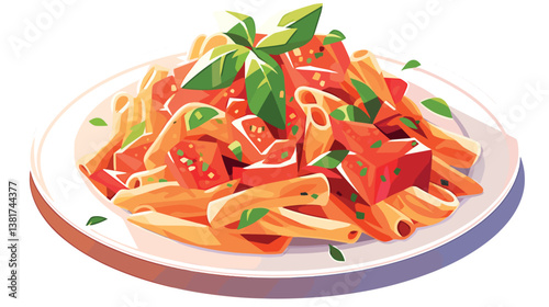 Penne pasta with tomato sauce and basil leaves on white plate