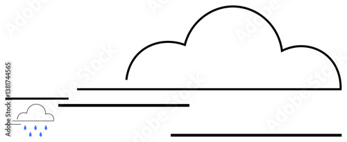 Large outlined cloud paired with a smaller raining cloud and horizontal lines suggesting motion or atmosphere. Ideal for weather concepts, nature, climate, forecast, simplicity, minimal design, flat