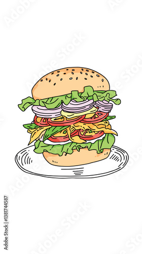 Colorful cheeseburger with lettuce, tomato, onion, and cheese on a plate