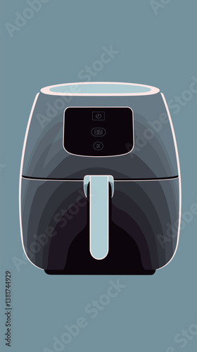 Modern air fryer design with digital display on blue background