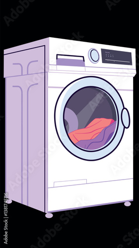 Cartoon washing machine with colorful laundry inside on black background
