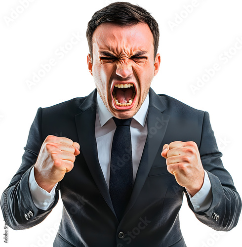 Frustrated businessman in suit yelling with fists clenched. Expressing extreme anger and professional stress.