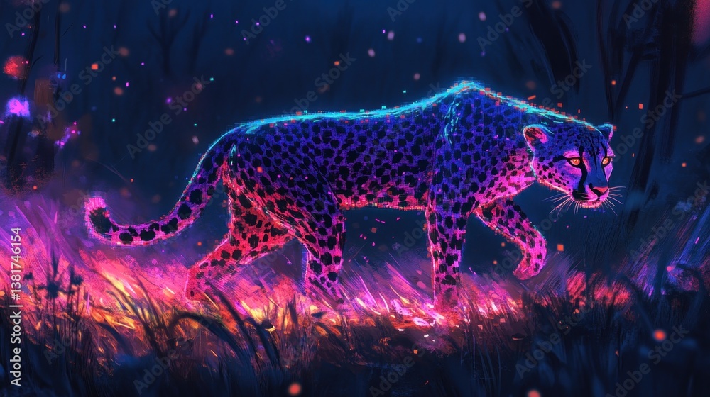 Luminous Cheetah: A Digital Painting of Feline Majesty in Neon Hues