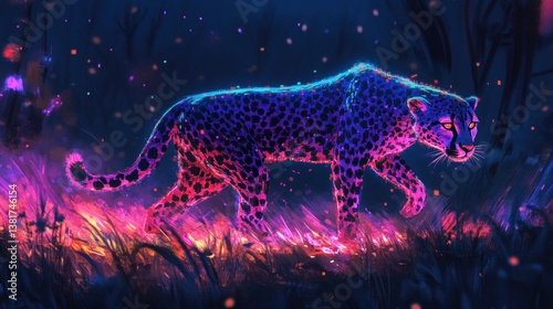 Obraz na płótnie Luminous Cheetah: A Digital Painting of Feline Majesty in Neon Hues w salonie