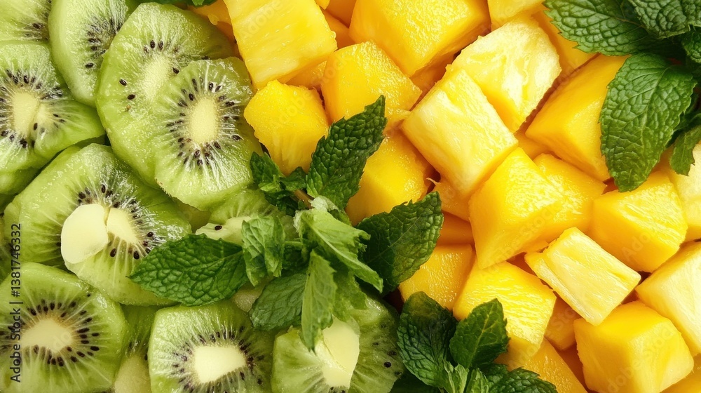 Exotic fruit medley: Vibrant kiwi, mango, and pineapple with mint garnish