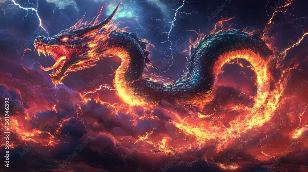 Spectacular depiction of a fire dragon amidst a stormy electric cloudscape