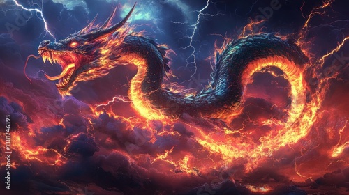 Obraz na płótnie Spectacular depiction of a fire dragon amidst a stormy electric cloudscape w salonie