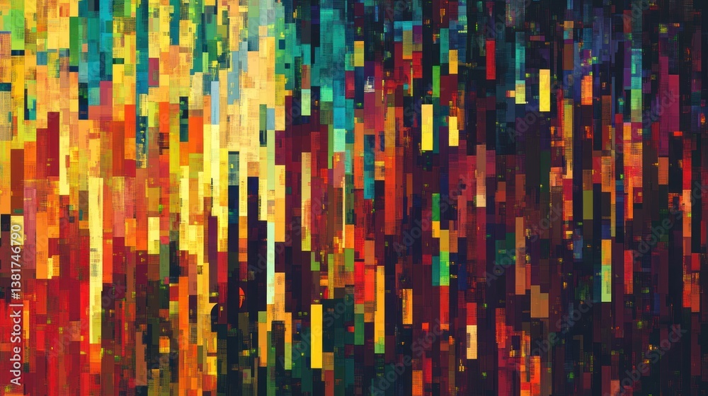 Vibrant abstract texture created with colorful vertical pixelated blocks, mosaic pattern