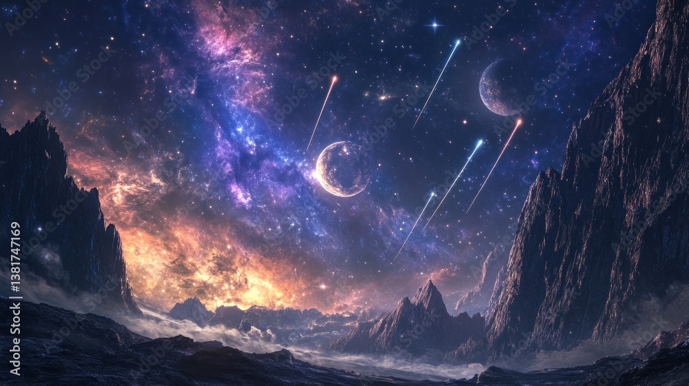 Dramatic cosmic vista with celestial bodies and shooting stars over otherworldly terrain