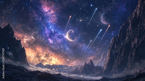 Dramatic cosmic vista with celestial bodies and shooting stars over otherworldly terrain