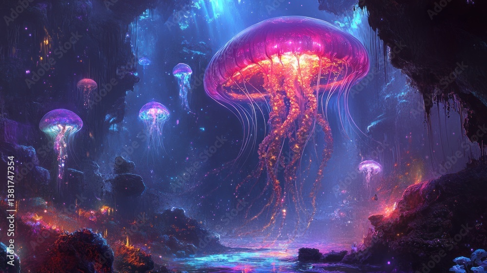 Luminous jellyfish dance through an underwater grotto of celestial wonders