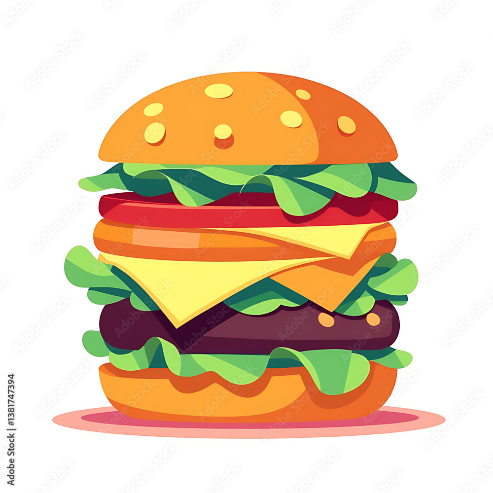 Colorful burger with lettuce, cheese, and tomato on white background