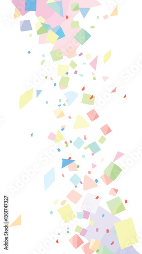 Colorful geometric confetti cascade on white background