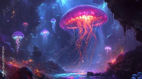 Obraz na płótnie Luminous jellyfish dance through an underwater grotto of celestial wonders w salonie