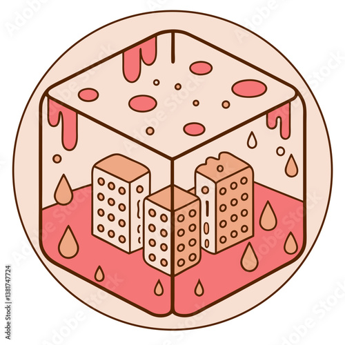 Melting cube with buildings and water drops inside