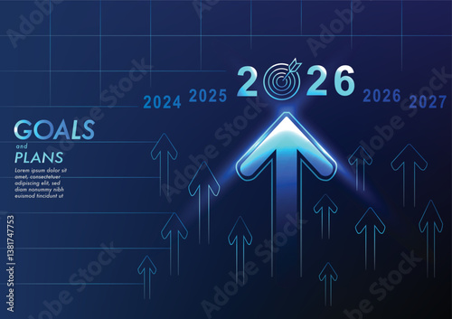 Futuristic design with glowing arrows pointing upward, symbolizing progress and goals for 2026, set against gradient blue background with timeline from 2024 Business AI technology digital network
