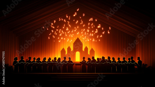 Silhouetted choir performance with glowing music notes against a warm illuminated backdrop featuring a church silhouett