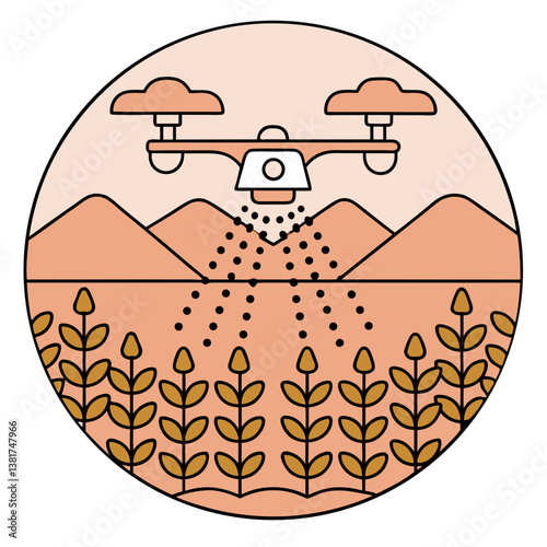 Drone watering crops in farmland with mountains behind