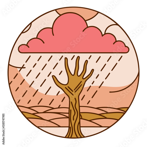 Tree shaped like hand reaching for rain from pink cloud