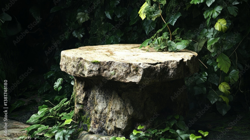 Eroded rock pedestal in a deep jungle, with vines growing around it, ancient and organic design. generative ai Eroded rock pedestal in a deep jungle, with vines growing around it, ancient and organic design. generative ai