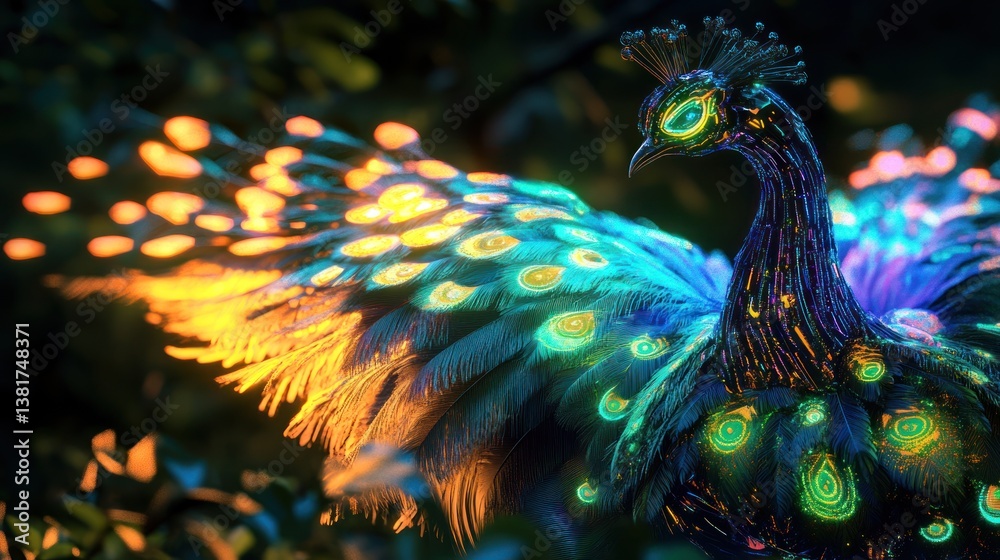 Spectacular Cybernetic Peacock with Glowing Neon Feathers Displaying Plume