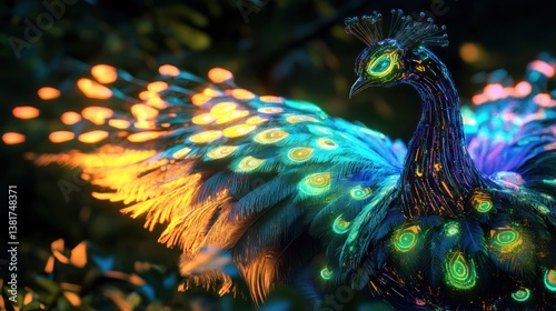 Obraz na płótnie Spectacular Cybernetic Peacock with Glowing Neon Feathers Displaying Plume w salonie