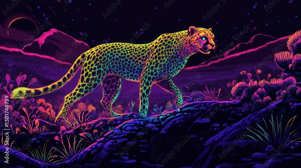 Neon cheetah traversing a vibrant, otherworldly landscape under a dark moon