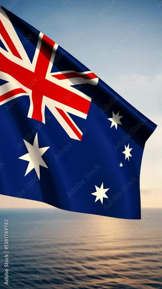 Majestic australian flag waves gracefully against ocean backdrop at sunset in stunning high resolution