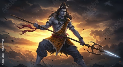 Lord Shiva holding spear amidst a dramatic sky spiritual artwork