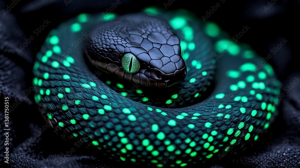 Fototapeta premium A coiled snake with glowing green spots and vibrant colors