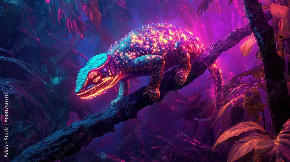 A Vibrant Neon Chameleon Amidst Lush Tropical Foliage in a surreal scene