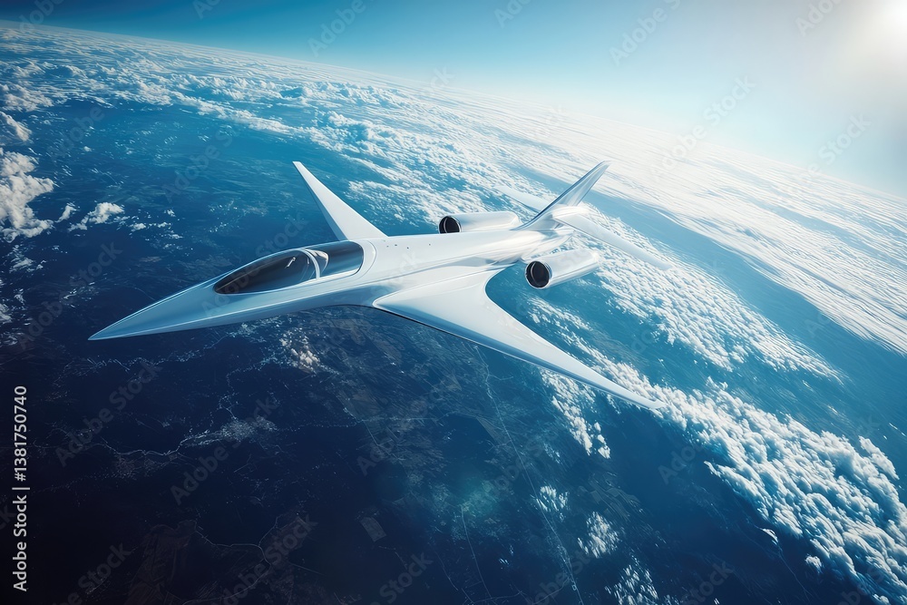 Naklejka premium White luxury private jet flying over Earth. AI generated illustration.