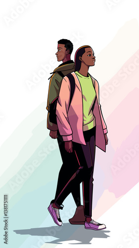 Young african male and female walking in stylish casual clothing